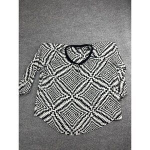 Ulla Popken Shirt Womens 20/22 Black‎ White Geometric Print Henley Blouse Plus